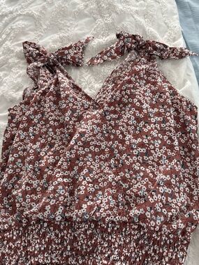 Tie-Shoulder Floral Smocked Waist Tank Top - Rust Floral from Vestique boutique